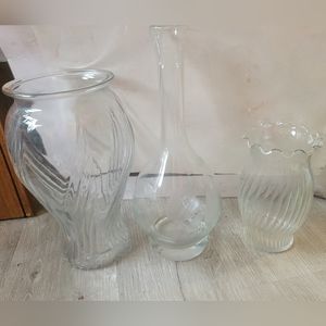 1 Etched Vintage Decanter, 1Pressed Glass Large Vase, 1Cut Glass Vase,2 flowers
